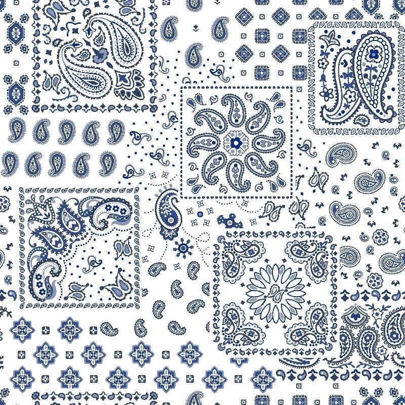 Coupon 3m Tissu Cretonne Imprimée Kansas Bandana Blanc bleu