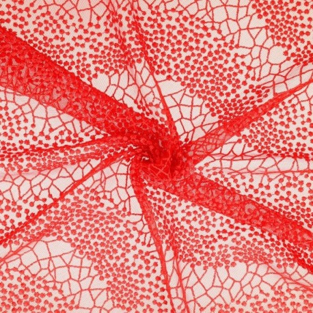 Coupon 3m Broderie Sur Tulle Rouge