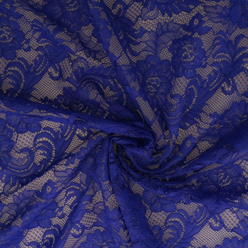 Coupon 3m Tissu Dentelle Roses Bleu Roi 