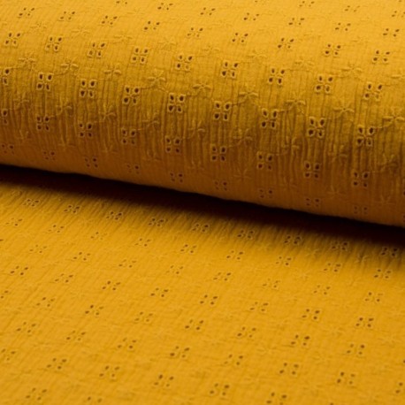 Coupon 3m Tissu Double Gaze Brodé Ocre jaune