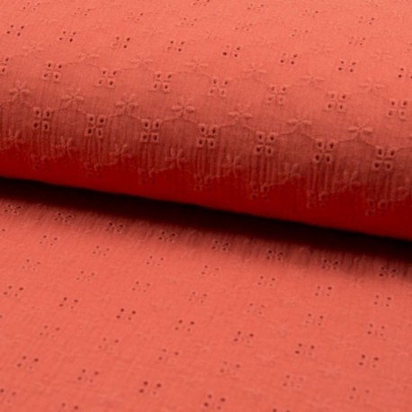 Coupon 3m Tissu Double Gaze Brodé Orange Vif
