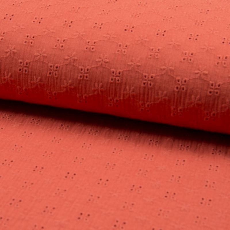 Coupon 3m Tissu Double Gaze Brodé Orange Vif