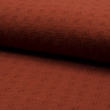 Coupon 3m Tissu Double Gaze Brodé Terracotta 