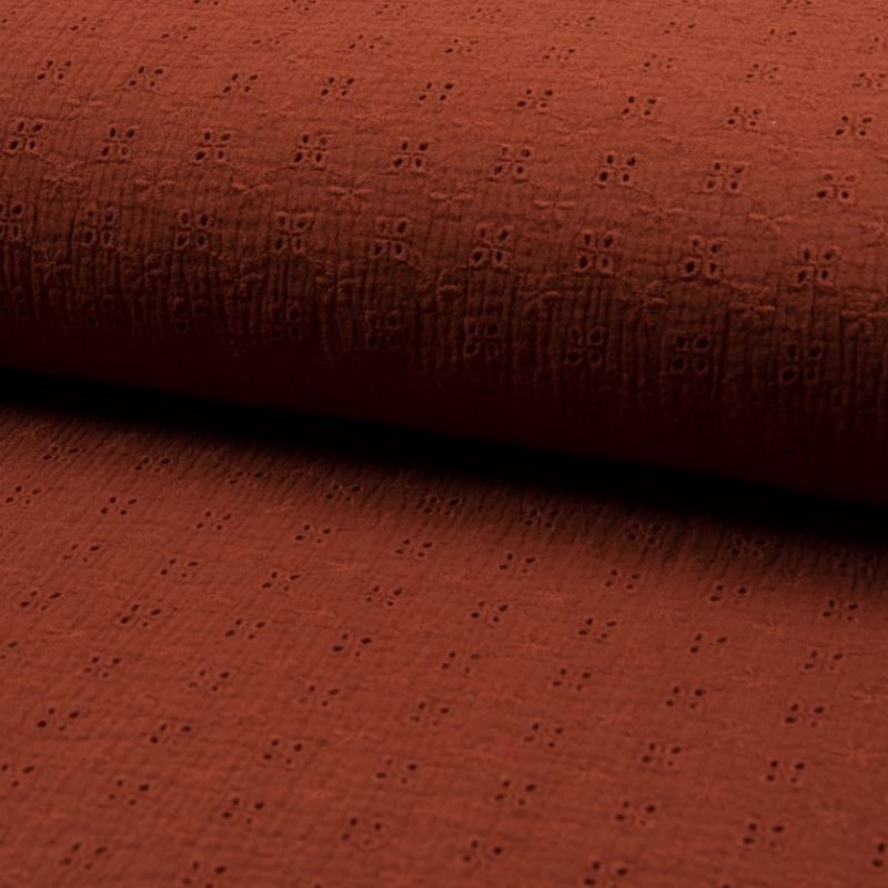 Coupon 3m Tissu Double Gaze Brodé Terracotta 