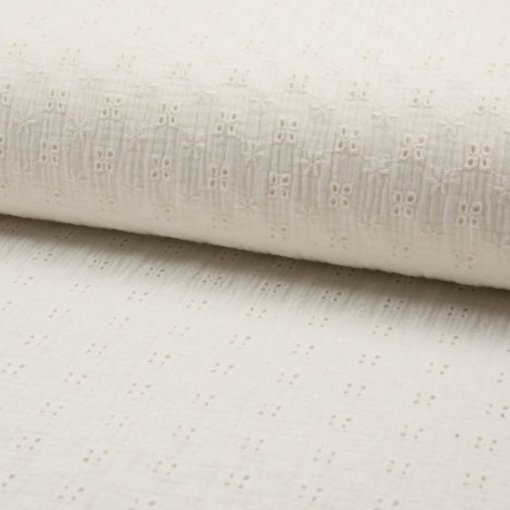 Coupon 3m Tissu Double Gaze Brodé Ecru