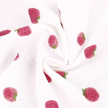 Coupon 3m Tissu Double Gaze Imprimée Fraise