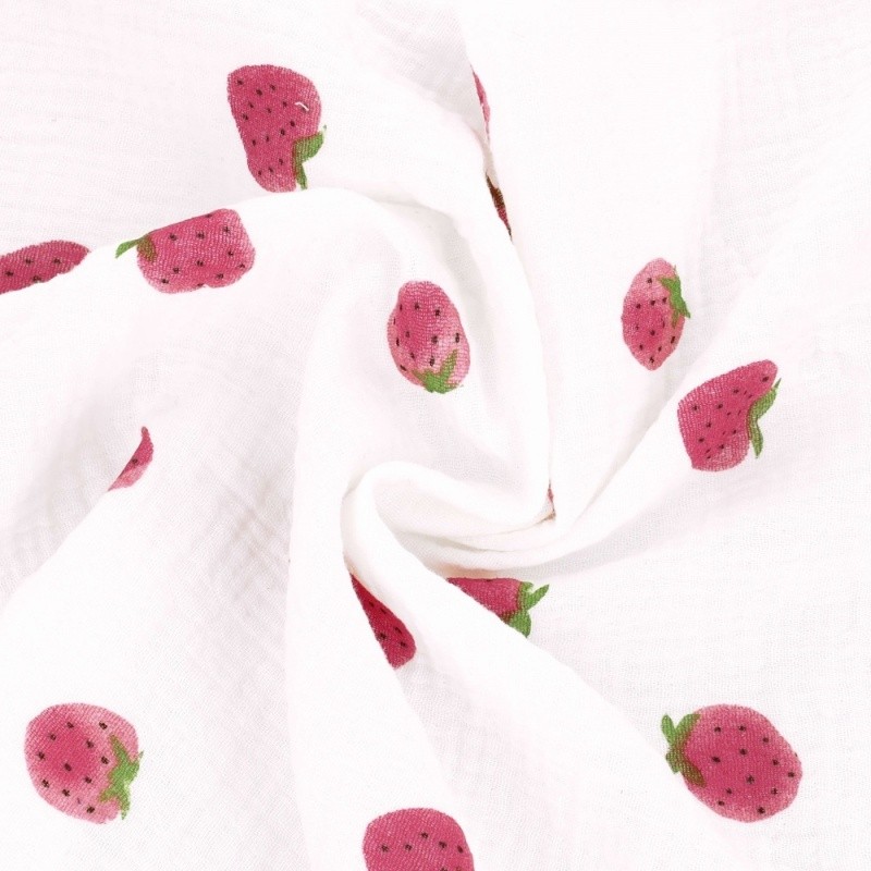 Coupon 3m Tissu Double Gaze Imprimée Fraise