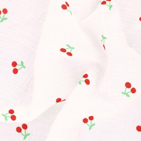 Coupon 3m Tissu Double Gaze Imprimée Cerise Fond Blanc