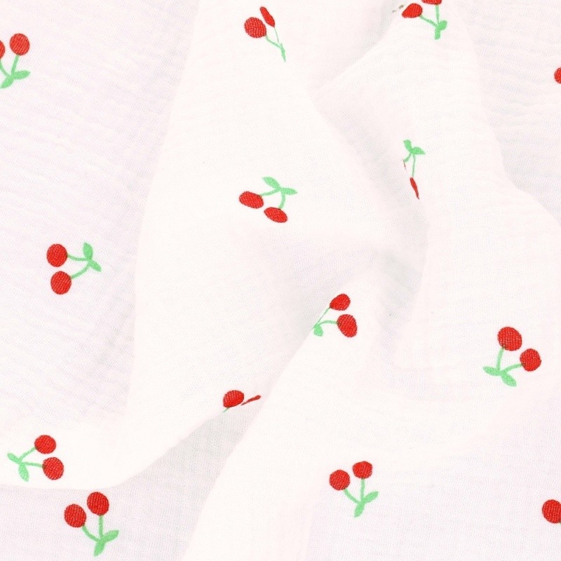 Coupon 3m Tissu Double Gaze Imprimée Cerise Fond Blanc