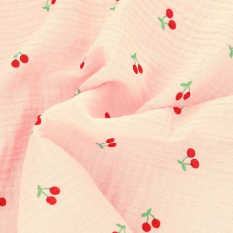 Coupon 3m Tissu Double Gaze Imprimée Cerise Fond Rose 