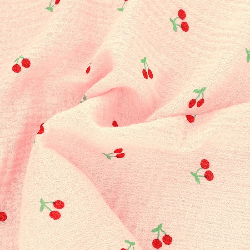 Coupon 3m Tissu Double Gaze Imprimée Cerise Fond Rose 