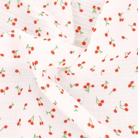 Coupon 3m Tissu Double Gaze Imprimée Petites Cerises