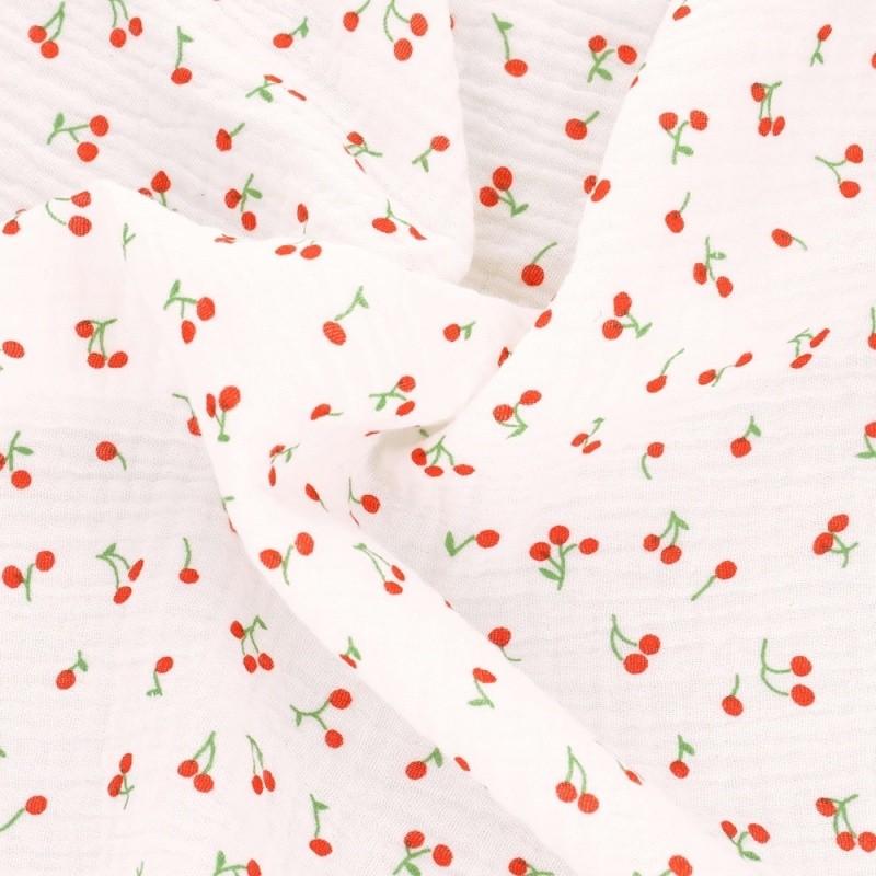 Coupon 3m Tissu Double Gaze Imprimée Petites Cerises