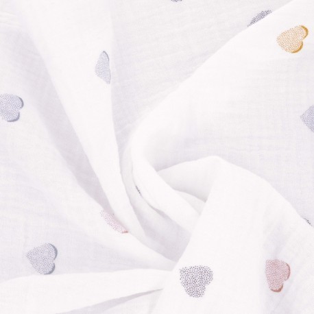 Coupon 3m Tissu Double Gaze Imprimée Petits Coeurs