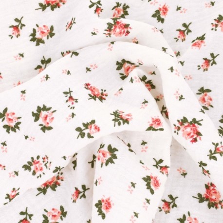 Coupon 3m Tissu Double Gaze Imprimée Fleurs