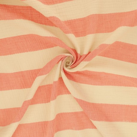 Coupon 3m Tissu Double Gaze Rayure Saumon