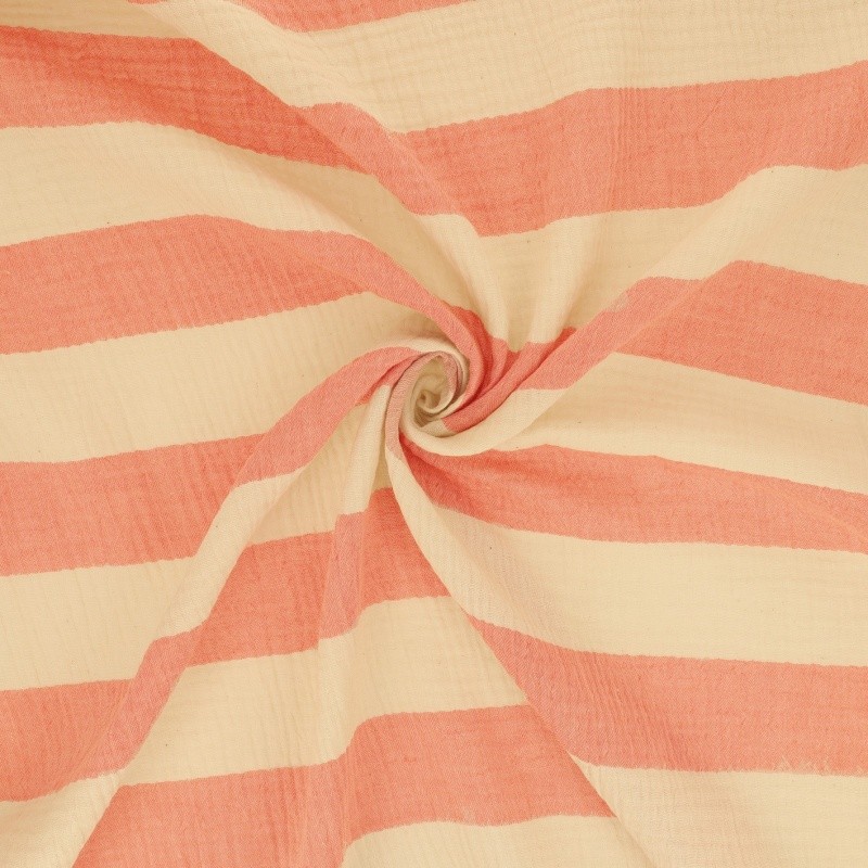 Coupon 3m Tissu Double Gaze Rayure Saumon