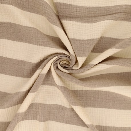 Coupon 3m Tissu Double Gaze Rayure Taupe 
