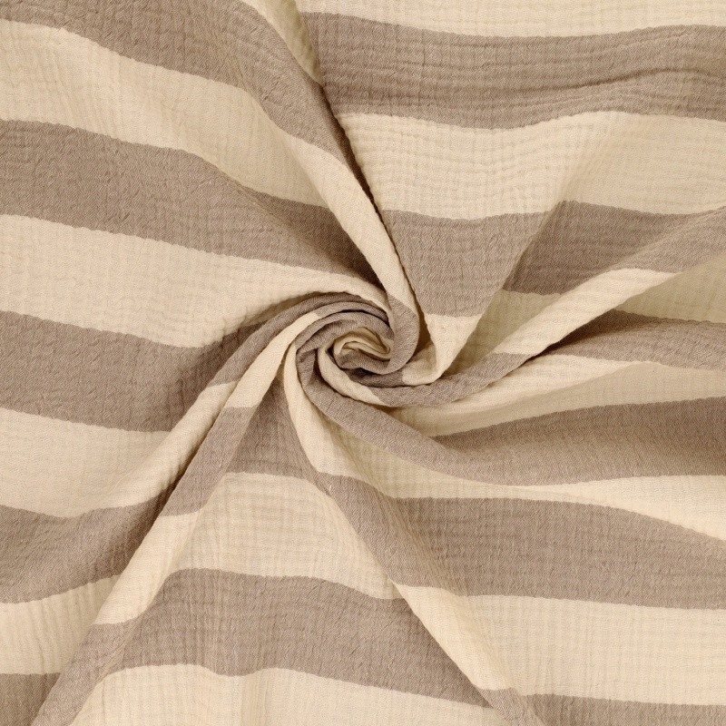 Coupon 3m Tissu Double Gaze Rayure Taupe 