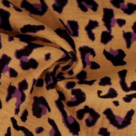 Coupon 3m Tissu Double Gaze Imprimé Leopard Fond Camel 