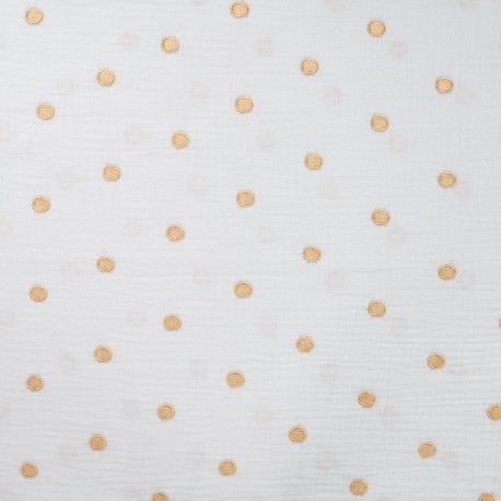 Coupon 3m Tissu Double Gaze Brodée Rond Doré 