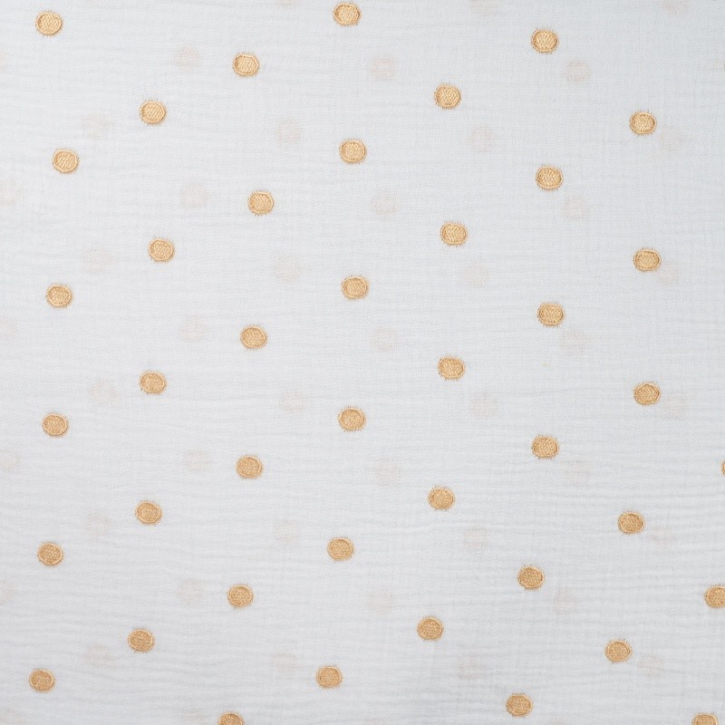 Coupon 3m Tissu Double Gaze Brodée Rond Doré 