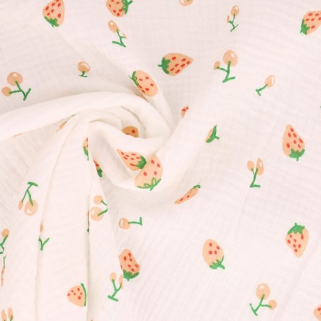 Coupon 3m Tissu Double Gaze Imprimée Fraise