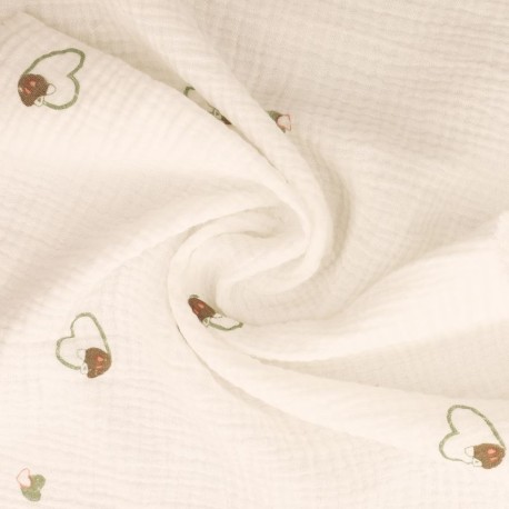 Coupon 3m Tissu Double Gaze Imprimée Coeur Vert 