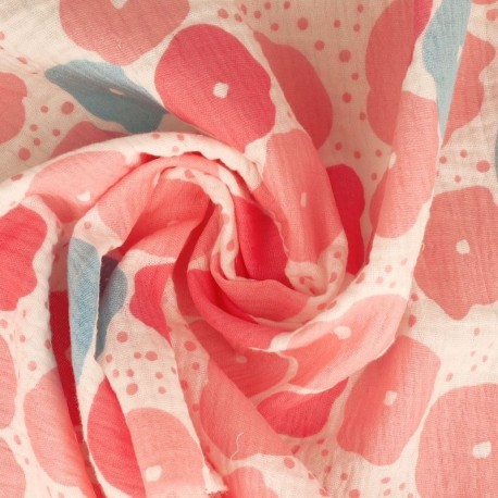 Coupon 3m Tissu Double Gaze Imprimée Fleurs Rose 
