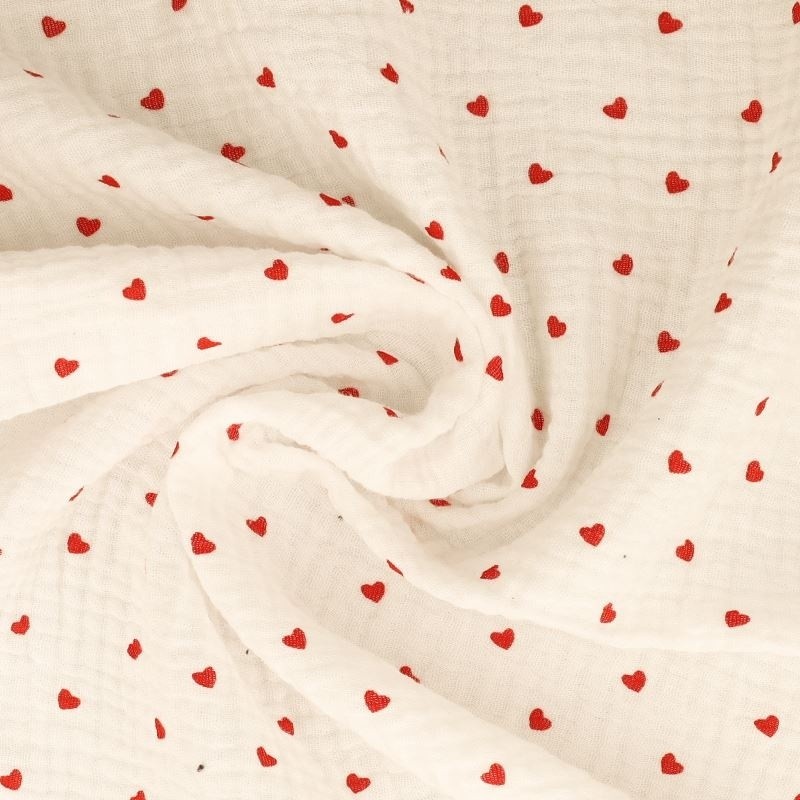Coupon 3m Tissu Double Gaze Imprimée Petit Coeur Rouge 