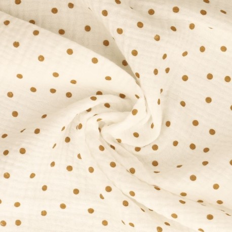 Coupon 3m Tissu Double Gaze Imprimée Pois Beige 