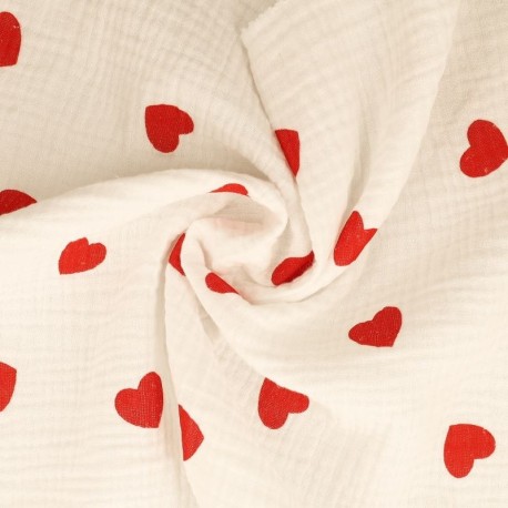 Coupon 3m Tissu Double Gaze Imprimée Gros Coeur Rouge 