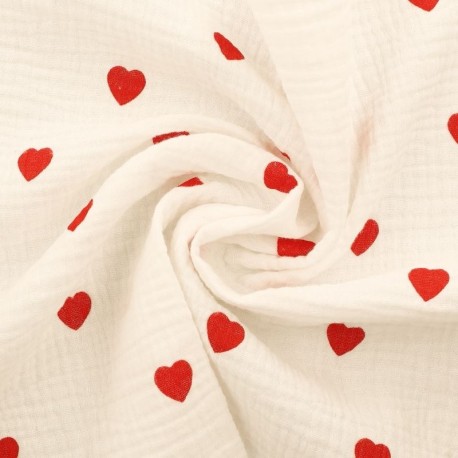 Coupon 3m Tissu Double Gaze Imprimée Coeur Rouge 