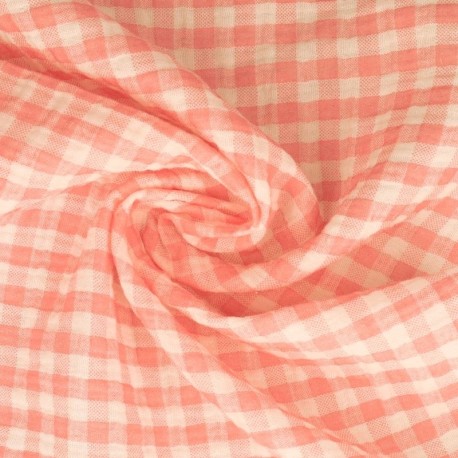 Coupon 3m Tissu Double Gaze Imprimée Vichy Rose 