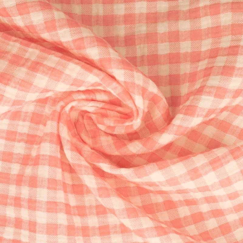 Coupon 3m Tissu Double Gaze Imprimée Vichy Rose 