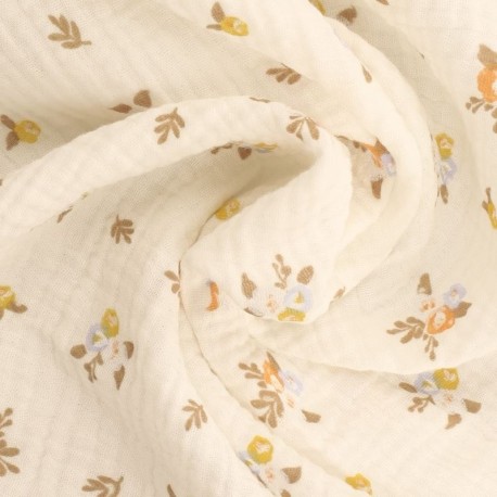 Coupon 3m Tissu Double Gaze Imprimée Fleurs 