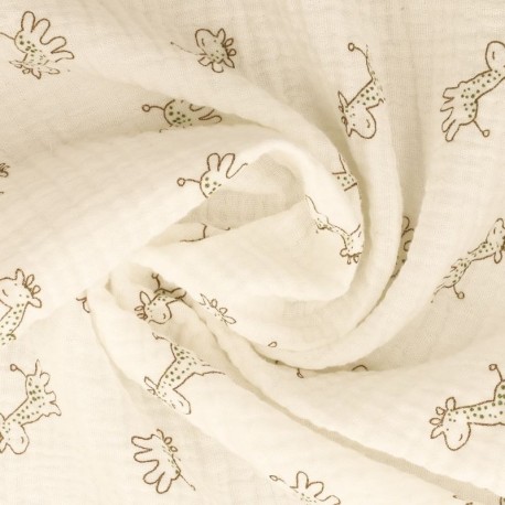 Coupon 3m Tissu Double Gaze Imprimée Girafe 