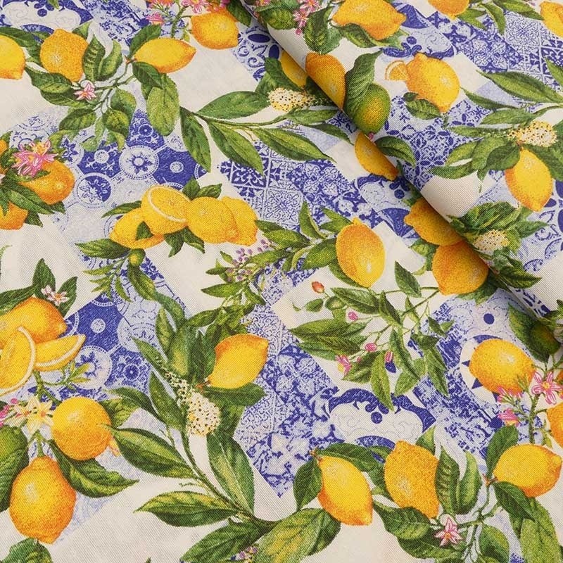 Coupon 3m Tissu Enduit Imprimé Lumi Citrons Bleu