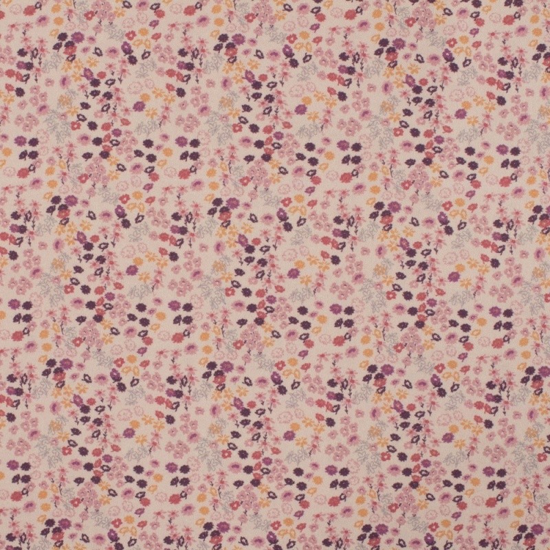 Coupon 3m Tissu Gabardine Coton Twill Fleurs Mauve 