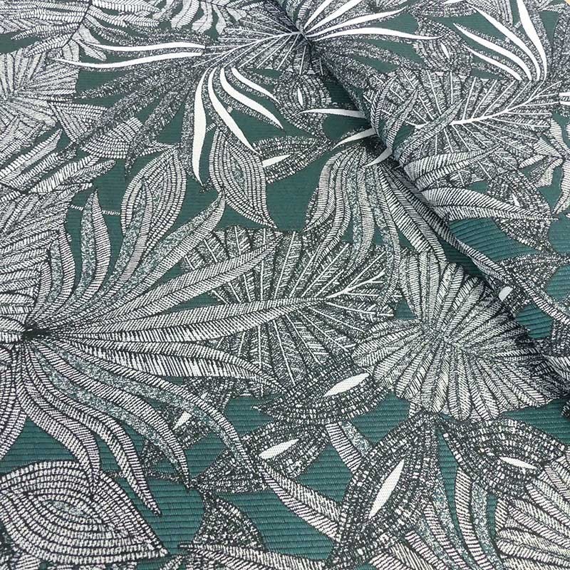Coupon 3m Tissu Jacquard Aspect Brodé Feuillage Vert