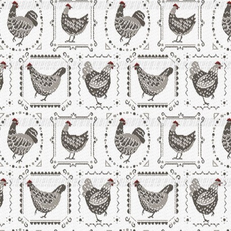Coupon 3m Tissu Jacquard Poules Coloris Blanc et lin 