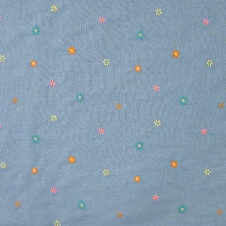 Coupon 3m Tissu Jean Fin Brodé Fleurs Multico 