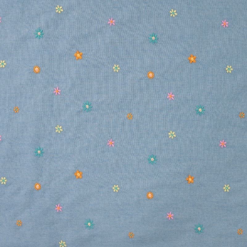 Coupon 3m Tissu Jean Fin Brodé Fleurs Multico 