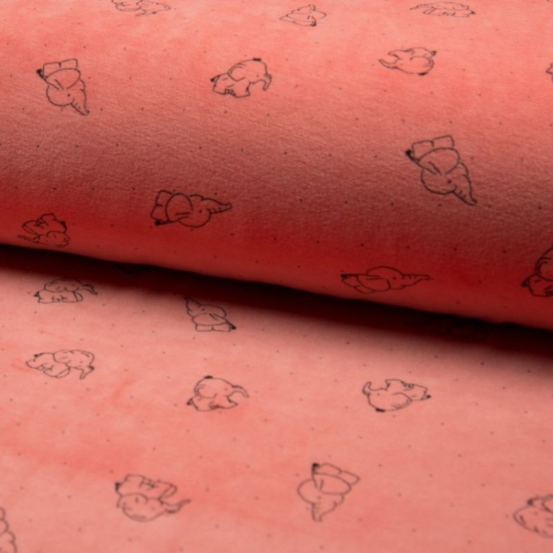 Coupon 3m Tissu Nicky Velours Imprimé Elephant Pêche 