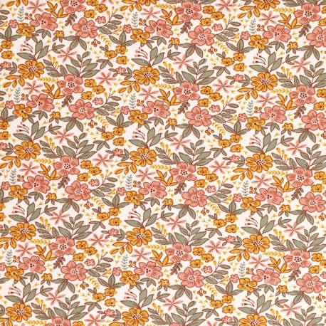 Coupon 3m Tissu Jersey Imprimé Fleurs Rose vert et jaune 