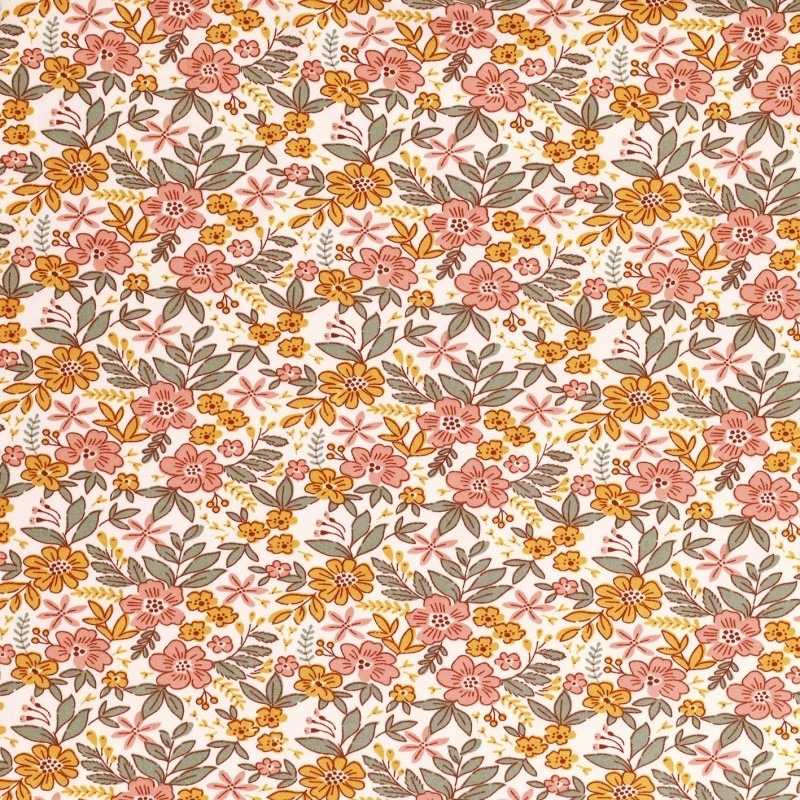 Coupon 3m Tissu Jersey Imprimé Fleurs Rose vert et jaune 