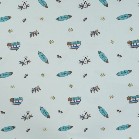 Coupon 3m Tissu Jersey de Coton Imprimé Surf Bleu Ciel