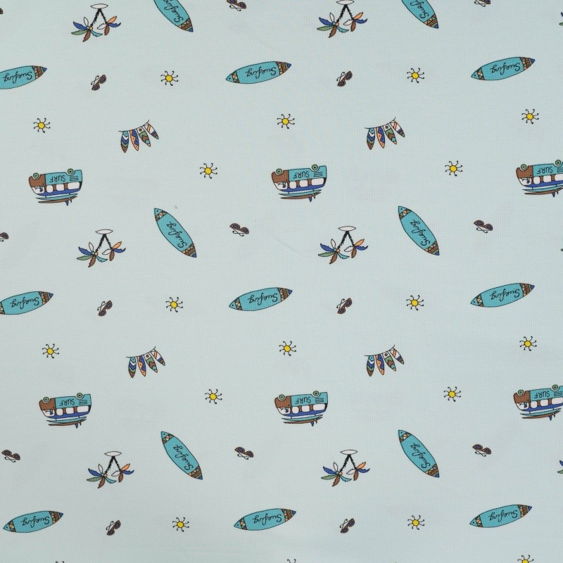 Coupon 3m Tissu Jersey de Coton Imprimé Surf Bleu Ciel