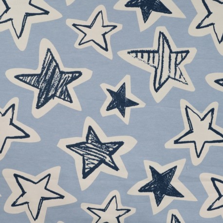 Coupon 3m Tissu Sweat Fench Terry Imprimé Etoile Bleu Ciel 