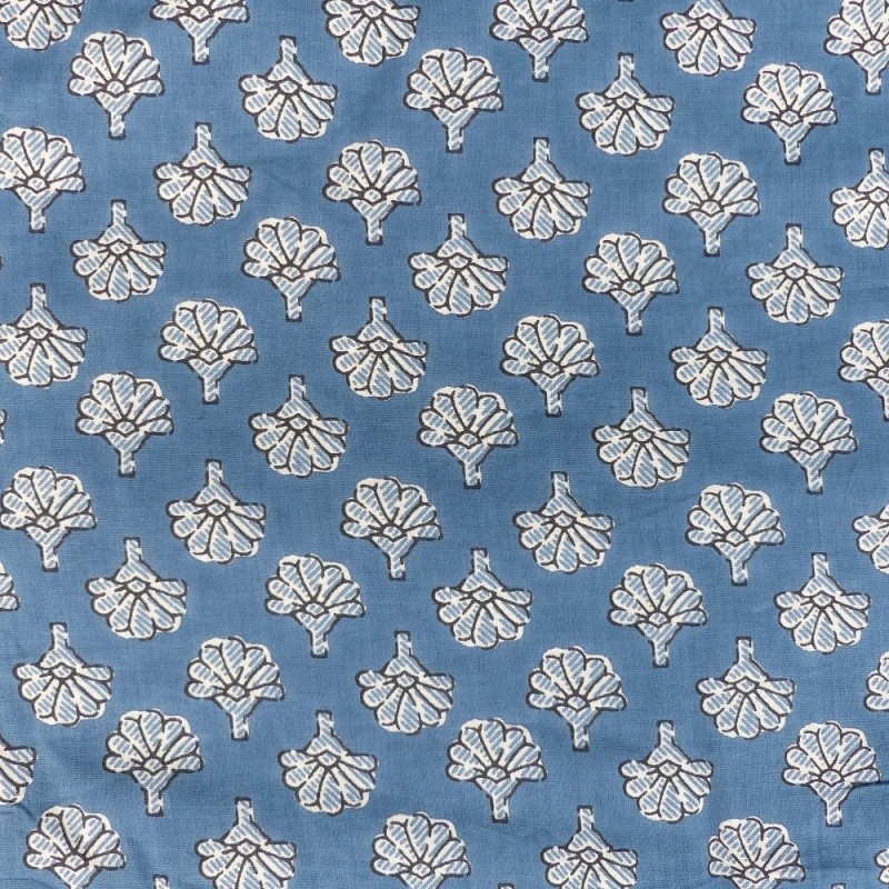 Coupon 3m Tissu Impression Tampons Mains Floral Bleu Clair